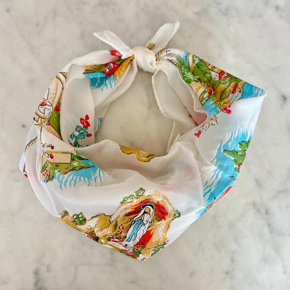 Vintage Lourdes France Floral Souvenir Scarf